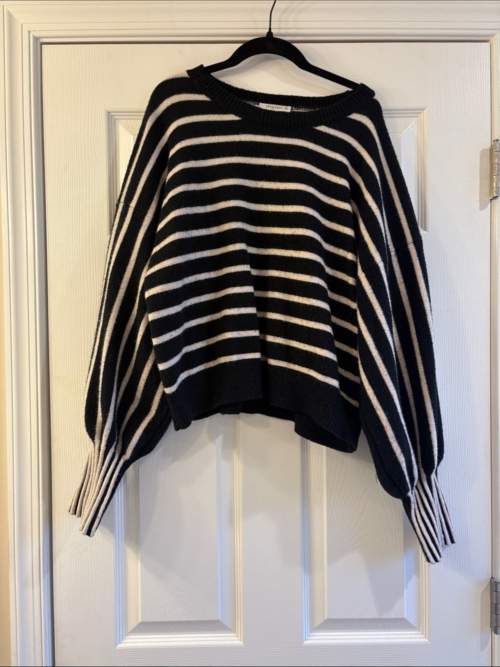 Mello Striped Black and White Balloon Sleeve Sweater